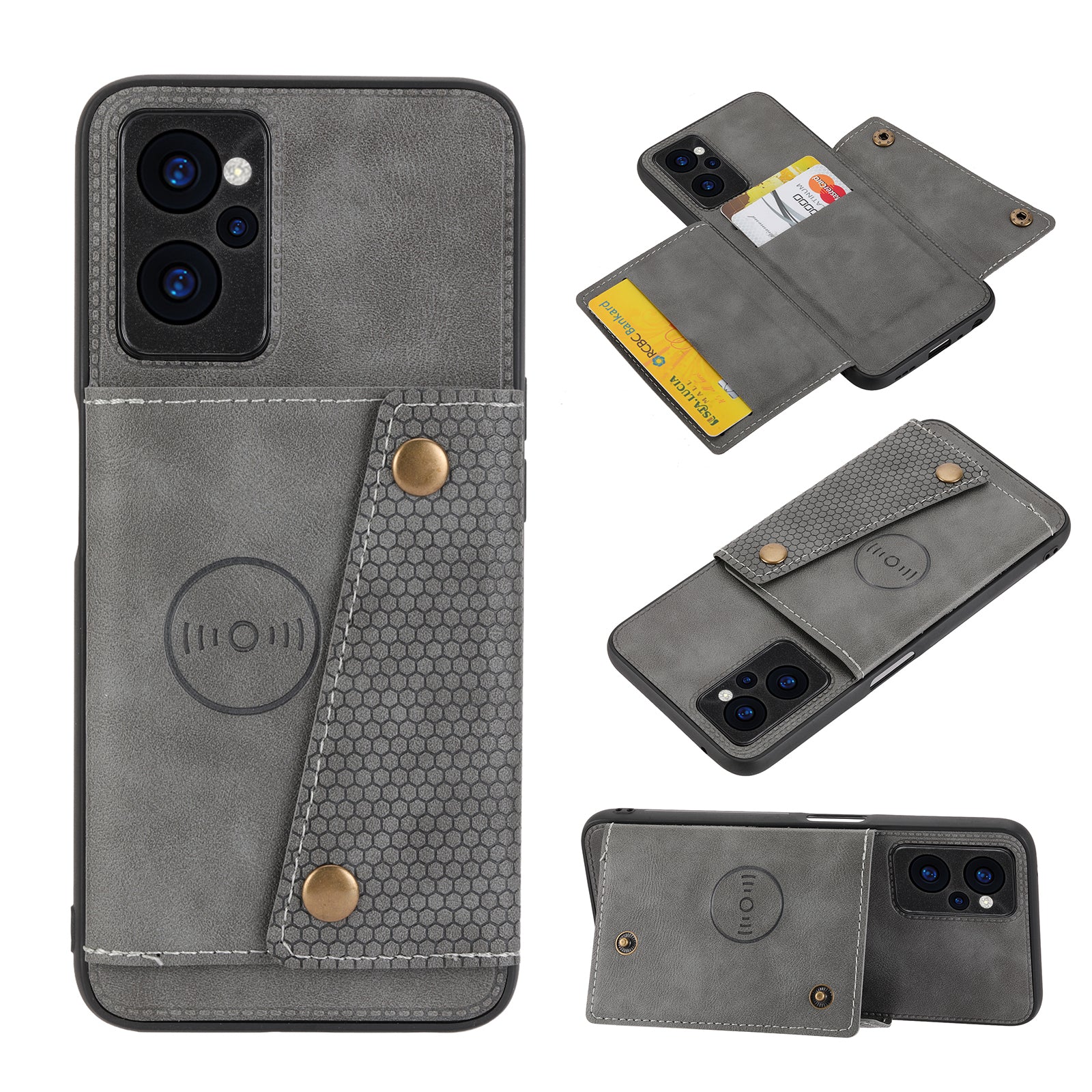 For Realme 10 5G 9i 5G Dual Button Card Holder Protective Cover Kickstand Design PU Leather Coated TPU Back Case with Built-in Metal Sheet For Realme 10 5G 9i 5G Dual Button Card Holder Protective Cover Kickstand Design PU Leather Coated TPU Back Case with Built-in Metal Sheet